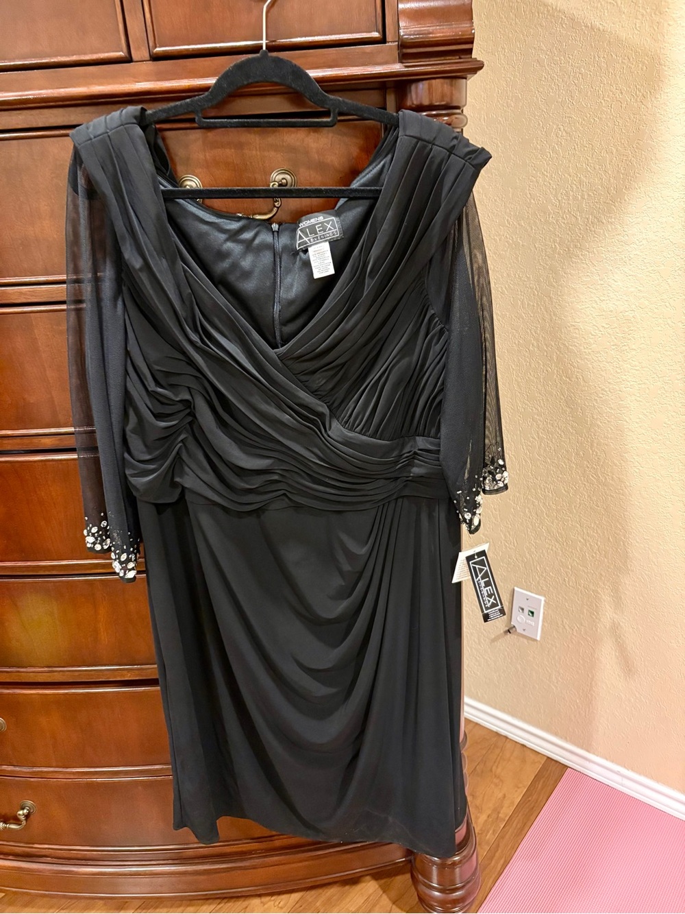 Alex Evenings Black Ruched Draped V-Neck Dress with Beaded Mesh Sleeves
